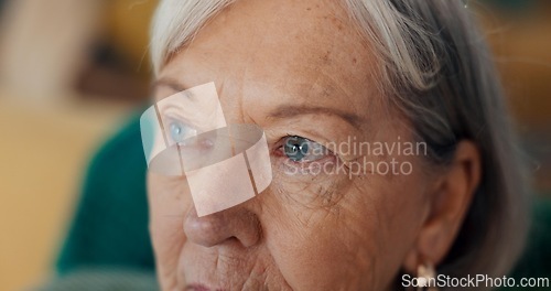 Image of Sad, crying and senior woman at nursing home with grief, stress and worry or mourning in closeup. Tears, face and elderly female with nostalgia, anxiety and dementia for memory loss or Alzheimer