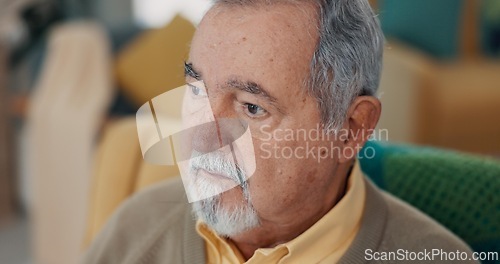 Image of Face, memory or nostalgia with old man on sofa of living room in home to relax for retirement. Peace, thinking or wellness with senior person closeup in apartment for break, rest or time off