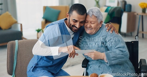 Image of Wheelchair, hug or caregiver with old woman in retirement talking for bonding together in nursing home. Love, empathy or senior women reading card for support or care with a happy nurse on break