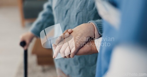 Image of Holding hands, help with elderly person and caregiver in nursing home, kindness and senior care for health. Retirement, pension and patient with disability, nurse for assistance and homecare closeup