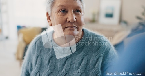 Image of Support, wellness and senior woman with nurse for conversation, communication or chat in house. Empathy, relax and elderly lady in living room of home and speaking to caregiver for healthcare