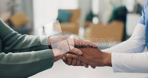 Image of Holding hands, help with old person and caregiver in nursing home, kindness and elderly care for health. Retirement, pension and patient with counselling, nurse for advice and empathy with homecare
