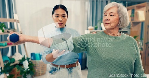 Image of Senior care, therapy and physiotherapist with old woman, dumbbell and healthcare for fitness. Physio, rehabilitation and retirement with training, caregiver with elderly patient for mobility exercise