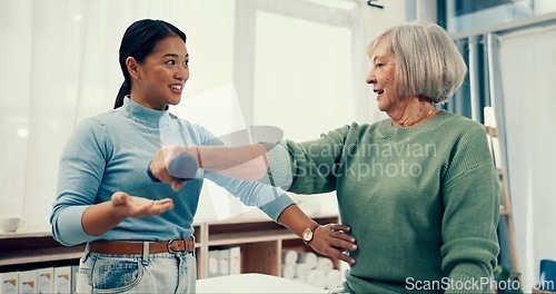 Image of Senior care, exercise and physiotherapist with old woman, dumbbell and healthcare for nursing. Physio, rehabilitation and retirement with fitness or caregiver and elderly patient mobility training