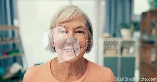 Image of Elderly woman and portrait with wellness at nursing home for retirement with weekend break and healthy. Pensioner, face or old person with positive mindset with smile for peace in apartment for calm