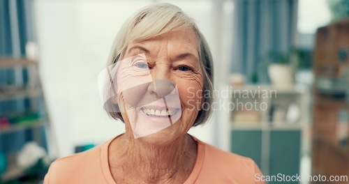 Image of Old woman and portrait with smile at nursing home for retirement with physiotherapy and wellness. Pensioner, face or elderly person with positive mindset with health for peace in apartment for calm