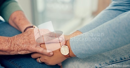 Image of Comfort, senior or closeup of people holding hands for comfort or heal for wellness together. Therapist, sympathy or elderly person bonding, praying or care after death with psychologist or support