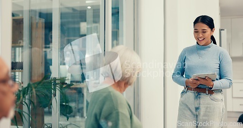 Image of Appointment, counseling and psychology for tablet, old woman and therapy in mental health. Walking, elderly client and waiting room with happy, psychologist and therapist to help check on patient