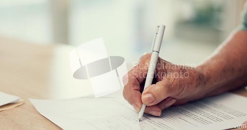 Image of Hands, writing or person with contract to sign on application or document for will, life insurance or divorce papers. Zoom, closeup or pen with signature for paperwork, form or title deed agreement
