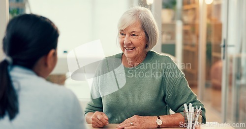 Image of Meeting, talking or psychology consulting old woman for therapy, mental health or support in retirement. Happy elderly person talking, psychologist listening or therapist with help for senior patient