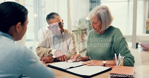 Image of Office, lawyer or old couple with will, contract or document for retirement funding or compliance. Plan, advisor or married elderly clients with legal form or title deed agreement with life insurance