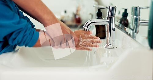 Image of Hands, washing and parent helping kid for hygiene and health, water and child development for wellness. People in bathroom, clean with soap at sink and healthy, learn handwashing and disinfect