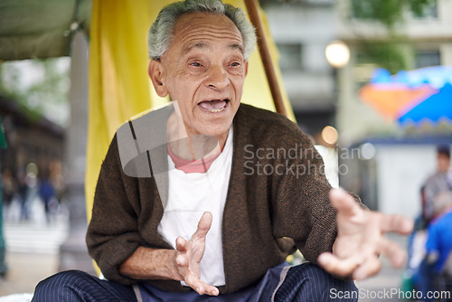Image of Conversation, city and elderly man talking in a neighborhood outdoor with chat and communication. Urban, sitting and senior Asian male person with wisdom, street and road with travel and advice