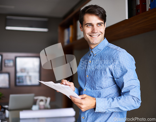 Image of Business, thinking or happy man with documents in office for startup, budget or savings review. Idea, vision or guy financial advisor with paperwork for planning, goal or brainstorming profit target