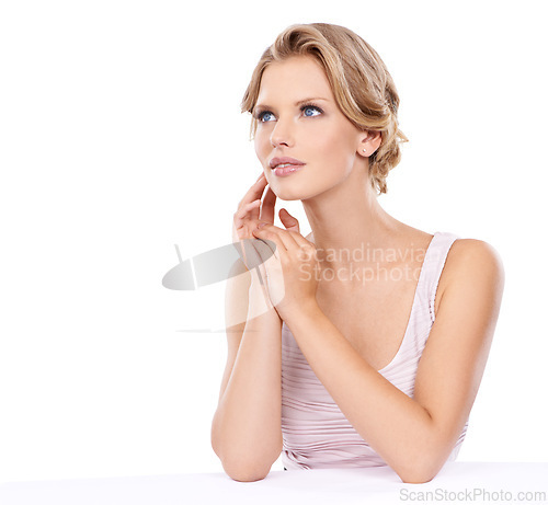 Image of Thinking, skincare and woman on a white background for wellness, beauty or spa treatment. Dermatology, salon aesthetic and face of isolated person with confidence, cosmetics or natural skin in studio