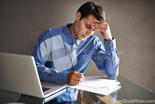 Image of Stress, headache and businessman with documents, burnout or financial report in office. Finance, mistake and male accountant with anxiety frustrated by tax, audit or paperwork, deadline or disaster