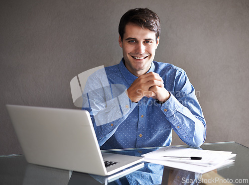 Image of Laptop, documents and portrait of business man in office for proposal, project review and report. Professional, consultant and person with paperwork and computer for website, research and planning