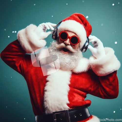 Image of santa with headphones and sunglasses