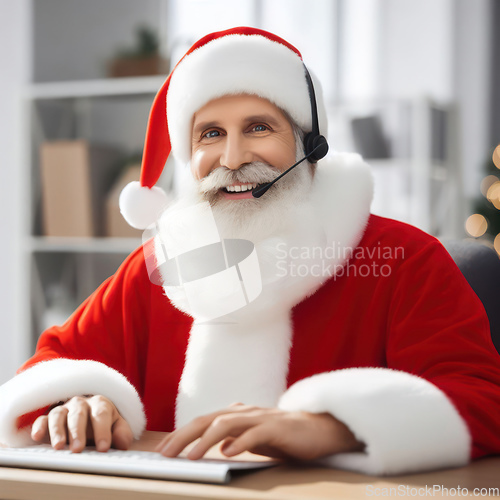 Image of happy santa claus as a call center operator