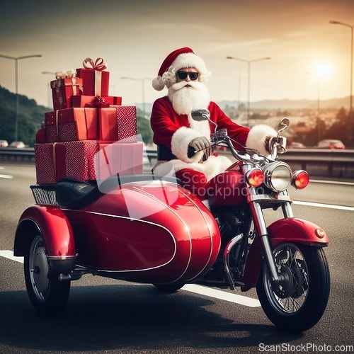 Image of santa claus on a red motorbike with gifts