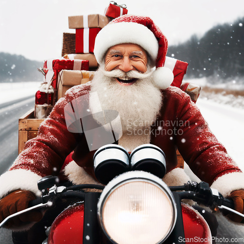 Image of santa claus on a red motorbike with gifts