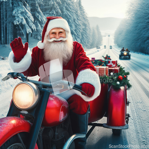 Image of santa claus on a red motorbike with gifts