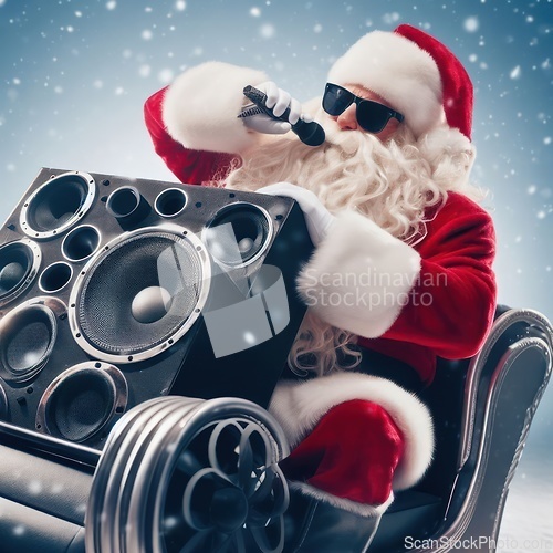 Image of santa doing karaoke while riding in the sleigh 