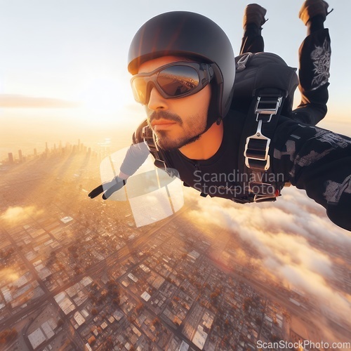 Image of close up selfie of person skydiving