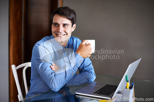 Image of Remote work, laptop and business man with coffee working from home on project, proposal and research. Freelance worker, professional and person on computer for email, website search and internet