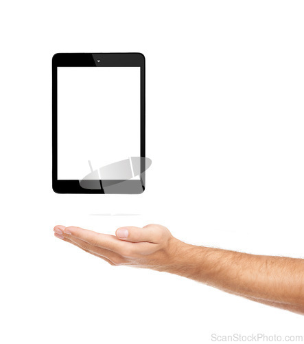 Image of Hand, tablet and screen for marketing in studio, display and product placement on white background. Person, tech and website or networking on mockup space, app and blank or online for advertising