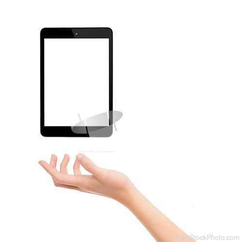 Image of Hand, tablet and blank screen in studio, display and mockup space or social media on white background. Person, tech and website or networking for marketing, app and internet or online for advertising