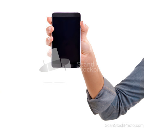 Image of Hand, phone screen and empty in studio, blank and mockup space or social media on white background. Person, tech and website or networking for marketing, app and internet or online for advertising