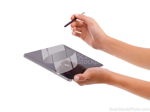 Image of Closeup, hands or drawing on tablet in studio for signature, application form or online document on website. Graphic designer, person or digital pen for writing or creative sketch on white background