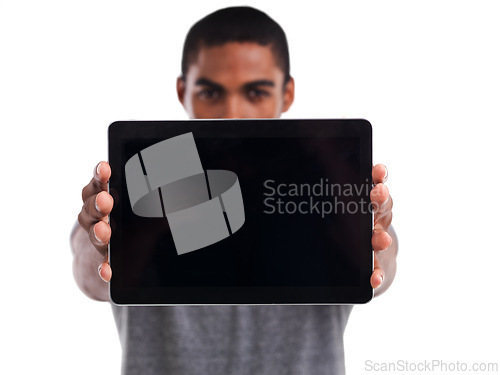 Image of Man, tablet screen and portrait in studio, blank and mockup space on white background. Black male person, display and website or networking for marketing, app and internet or online for advertising