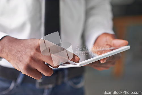 Image of Hands, businessperson and tablet for planning in office, networking and browse on internet or website. Professional, white background and communication on tech, employee and online on mockup space