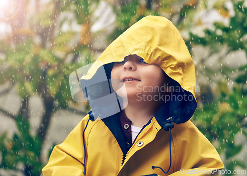 Image of Child, rain and raincoat protection in winter for fashion, jacket or cold weather outdoor. Little boy, male toddler and kid in drizzle by tree, bokeh or environment with windbreaker for chilly season