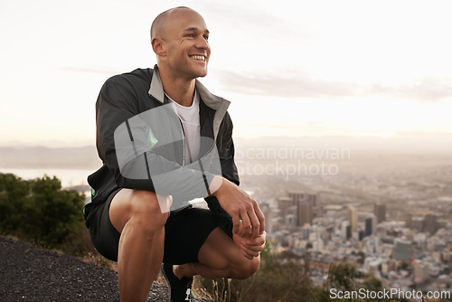 Image of Happy man, mountain and fitness in nature by the city for workout, exercise or outdoor training. Young male person or athlete with smile for running, break or rest on road, street or cliff on mockup