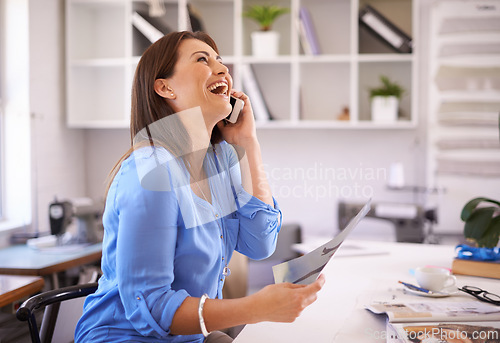 Image of Businesswoman, phone call and happiness for communication, contact and planning for success in creative career. Female person, fashion designer and seamstress with smartphone for connectivity