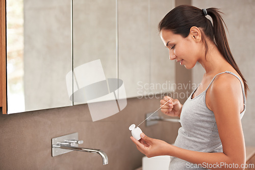 Image of Health, bathroom and woman with floss for cleaning, oral hygiene and dental care in home. Morning routine, healthcare and person for whitening, wellness and grooming for gum disease and fresh breath