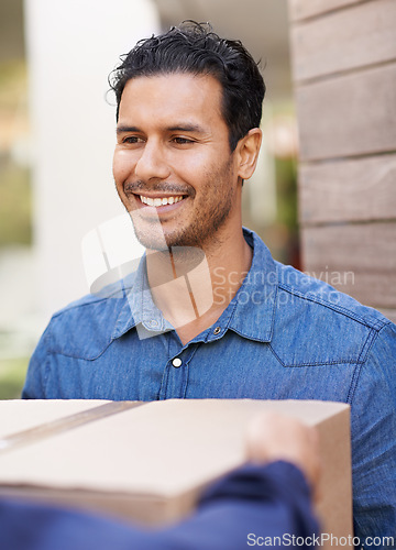 Image of Delivery, happy and man in home with box for shipping, logistics and online shopping with courier. Ecommerce, supply chain and customer with package, parcel and cargo for distribution service