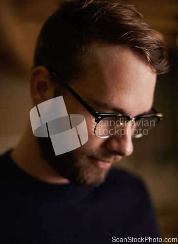 Image of Man, glasses and face with thinking for eyewear, contemplate or observe for idea and geek. Young male person and handsome for thoughtful, looking or concentrate for serious and alone for ponder