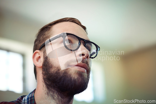 Image of Thinking, man with glasses and vision, inspiration for ideas and reflection with choice or decision for future. Insight, wisdom and thoughtful with mindfulness, brainstorming and problem solving