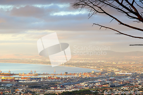 Image of Cityscape, skyline and adventure in South Africa for travel, journey and nature of Cape Town. Landscape, sea and holiday or vacation for freedom, stadium and table mountain as location for tourists