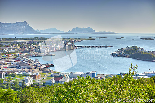 Image of Coastline, skyline and Cape Town in South Africa for travel, journey and adventure in nature. Landscape, sea and holiday or vacation for freedom, above and table mountain as location for tourists