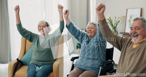 Image of Senior people, friends and applause watching tv at home, living room and house during retirement together. Wheelchair, person with disability and elderly group in celebration, support and success