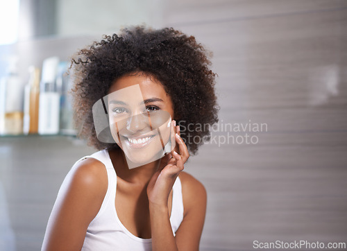 Image of Black woman, cream on face and portrait in bathroom for skincare at home, morning routine and beauty treatment. Facial, mask with lotion or sunscreen, cosmetic care and moisturizing for healthy skin