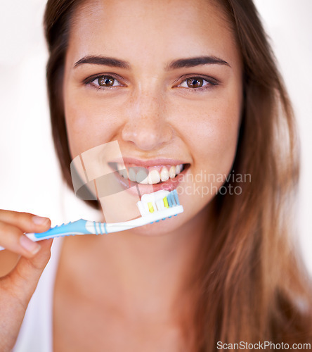 Image of Smile, oral care and portrait of woman with toothbrush for health, wellness and clean routine for hygiene. Dental, happy and young female person with toothpaste for dentistry teeth or mouth treatment