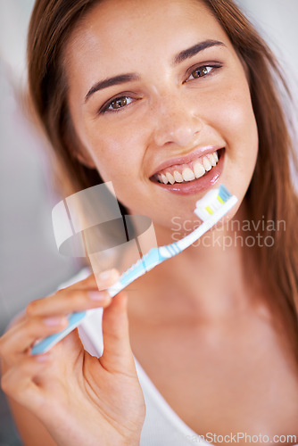 Image of Oral care, happy and portrait of woman with toothbrush for health, wellness and clean routine for hygiene. Dental, smile and young female person with toothpaste for dentistry teeth or mouth treatment