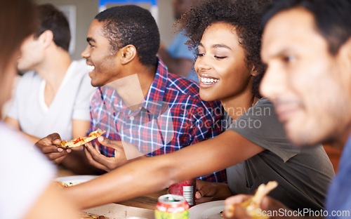 Image of Friends, group and eating of pizza in house with happiness, soda and social gathering for bonding in dining room. Men, women and fast food with smile, drinks and diversity at table in lounge of home