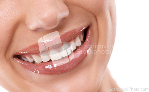 Image of Closeup, mouth and teeth whitening with woman for beauty, makeup with gloss for hydration and dental health. Cosmetic, orthodontics and moisturizing for lips with oral hygiene on white background